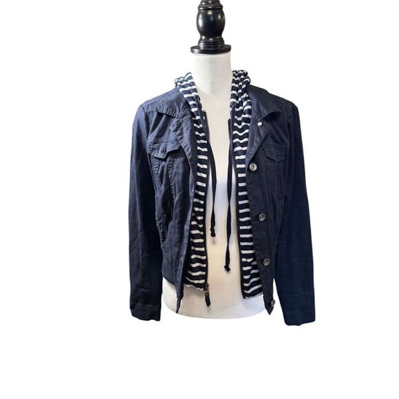 Splendid Women's Blue Denim Jacket Striped Hood. Size Small. - Picture 3 of 16